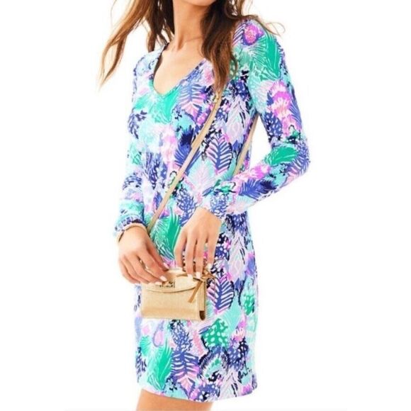 Lilly Pulitzer Beacon Dress Long Sleeve Quill Out V Neck Wm Size Small FLAWLESS - Picture 1 of 11